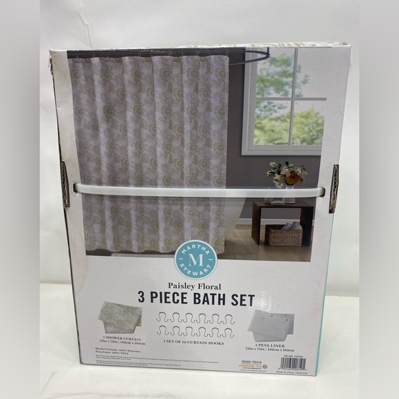 Martha Stewart Paisley Floral 3pc Bath Set Shower Curtain Sage - Picture 8 of 8